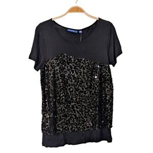 Apt. 9 Womens XS‎ Black Sequin Leopard Print Short Sleeve T-Shirt Top Blouse NWT